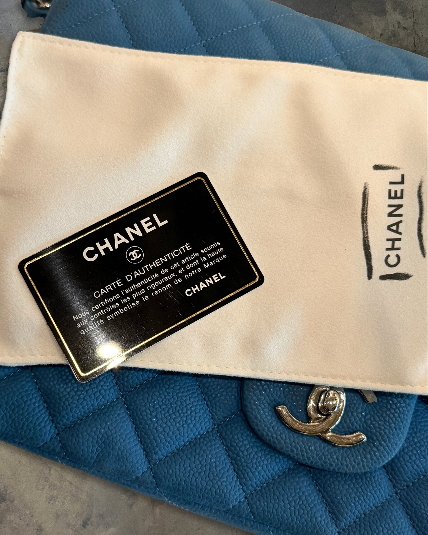 CHANEL 2013 BLUE CAVIAR MAXI DOUBLE FLAP BAG