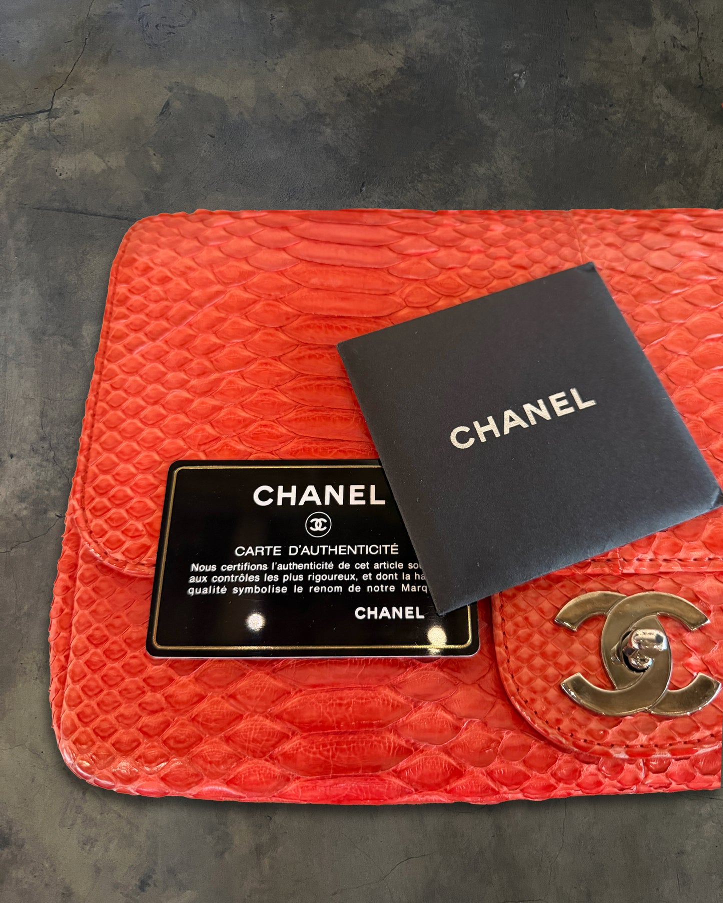 CHANEL 2006 RED PYTHON JUMBO FLAP BAG
