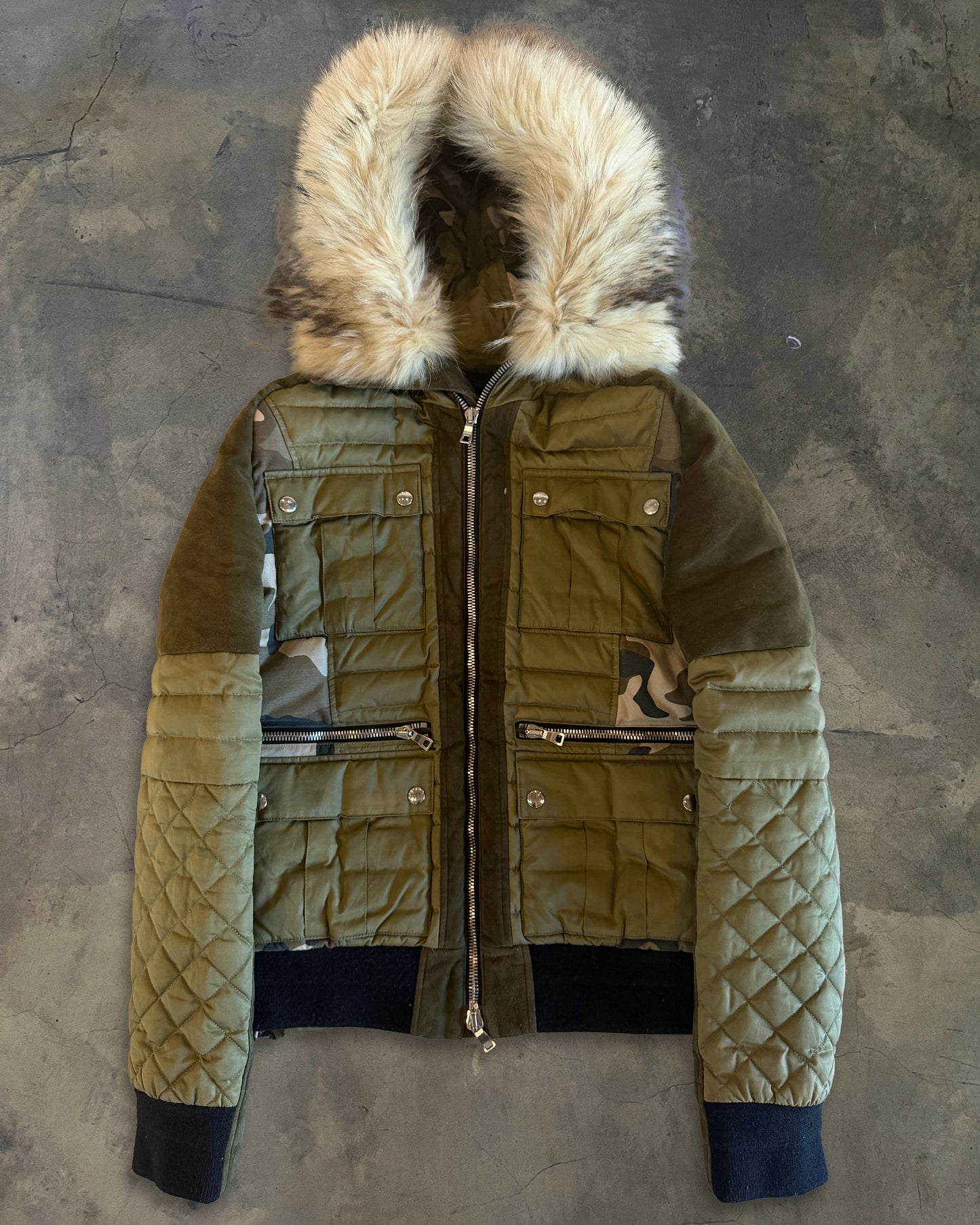 BALMAIN AW2014 FUR TRIM CAMO PRINT QUILTED JACKET