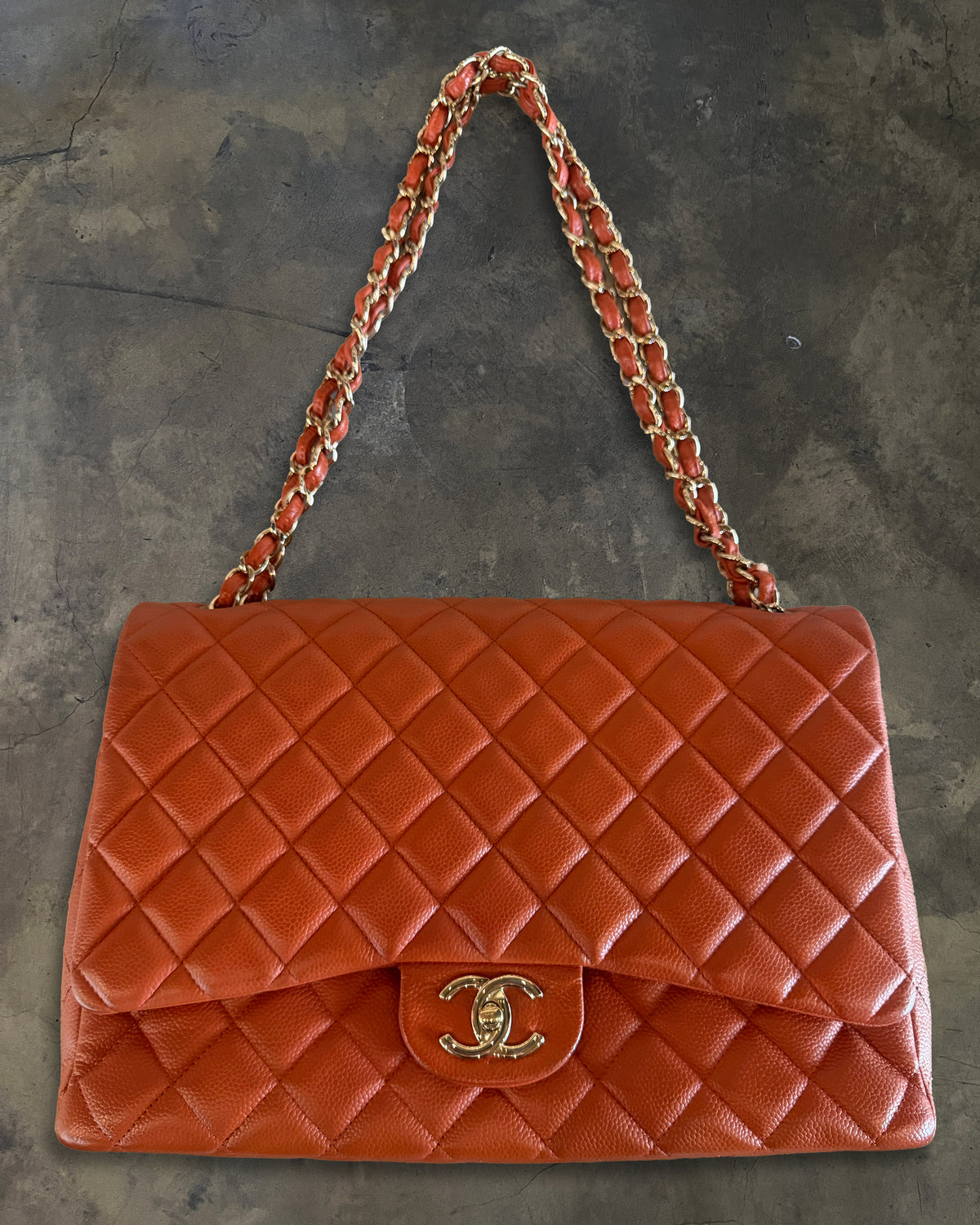 CHANEL 2012 PUMPKIN QUILTED CAVIAR MAXI DOUBLE FLAP