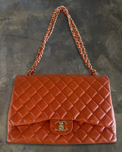 CHANEL 2012 PUMPKIN QUILTED CAVIAR MAXI DOUBLE FLAP