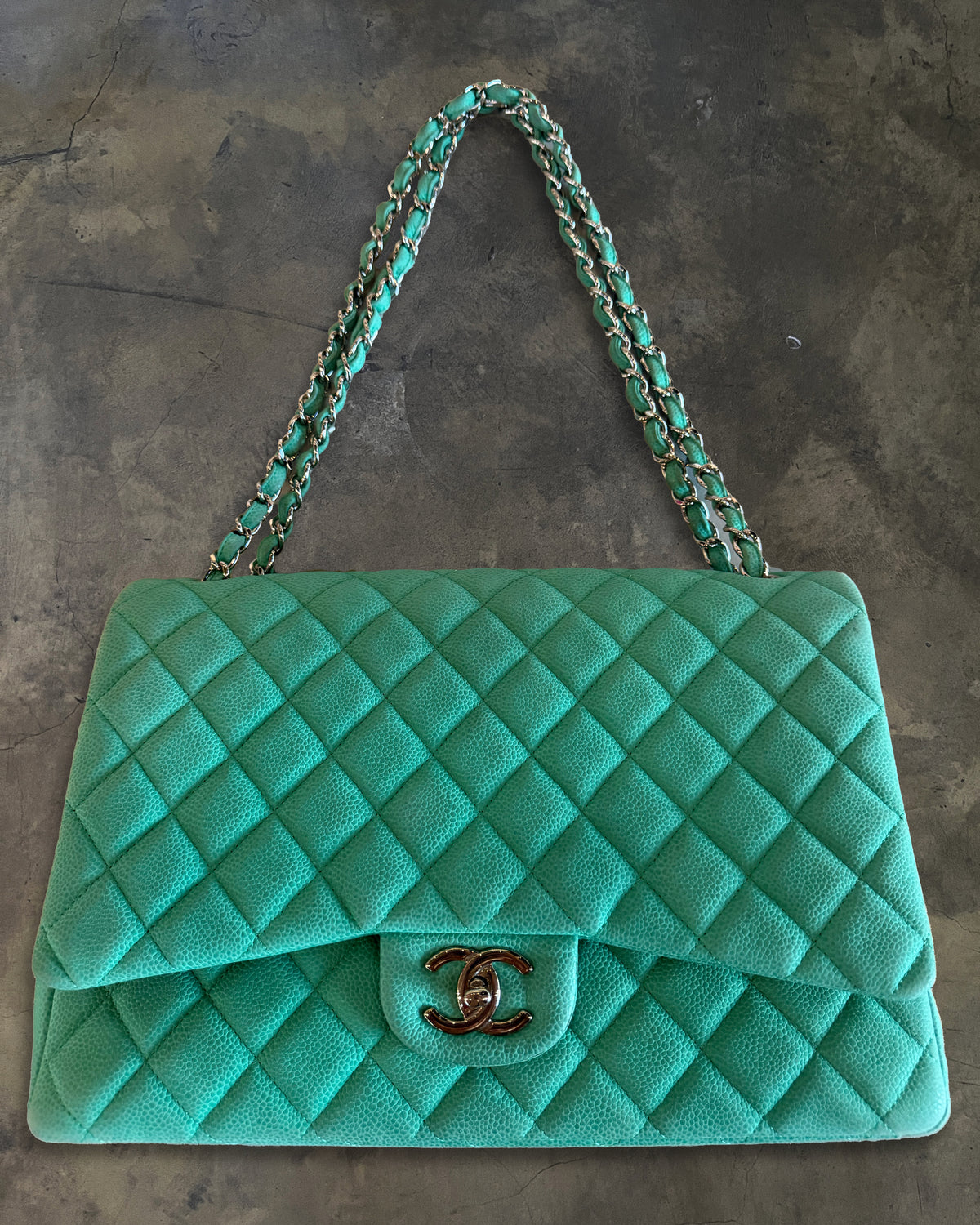 CHANEL 2014 TURQUOISE QUILTED CAVIAR MAXI DOUBLE FLAP