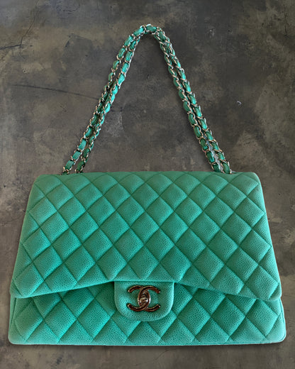CHANEL 2014 TURQUOISE QUILTED CAVIAR MAXI DOUBLE FLAP