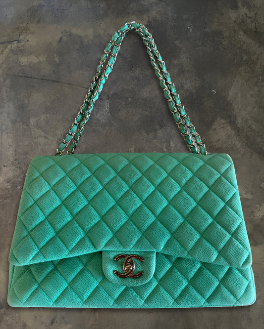 CHANEL 2014 TURQUOISE QUILTED CAVIAR MAXI DOUBLE FLAP