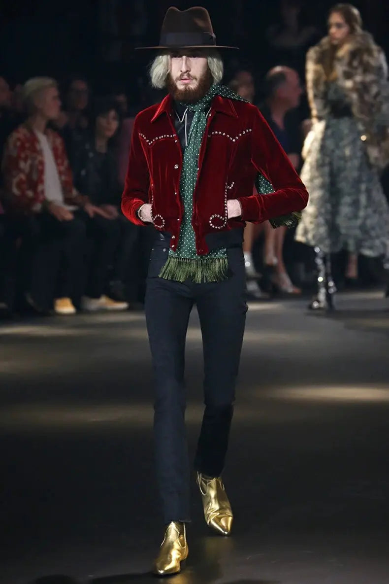 SAINT LAURENT FW2016 RUNWAY RED VELVET MUSIC NOTE JACKET