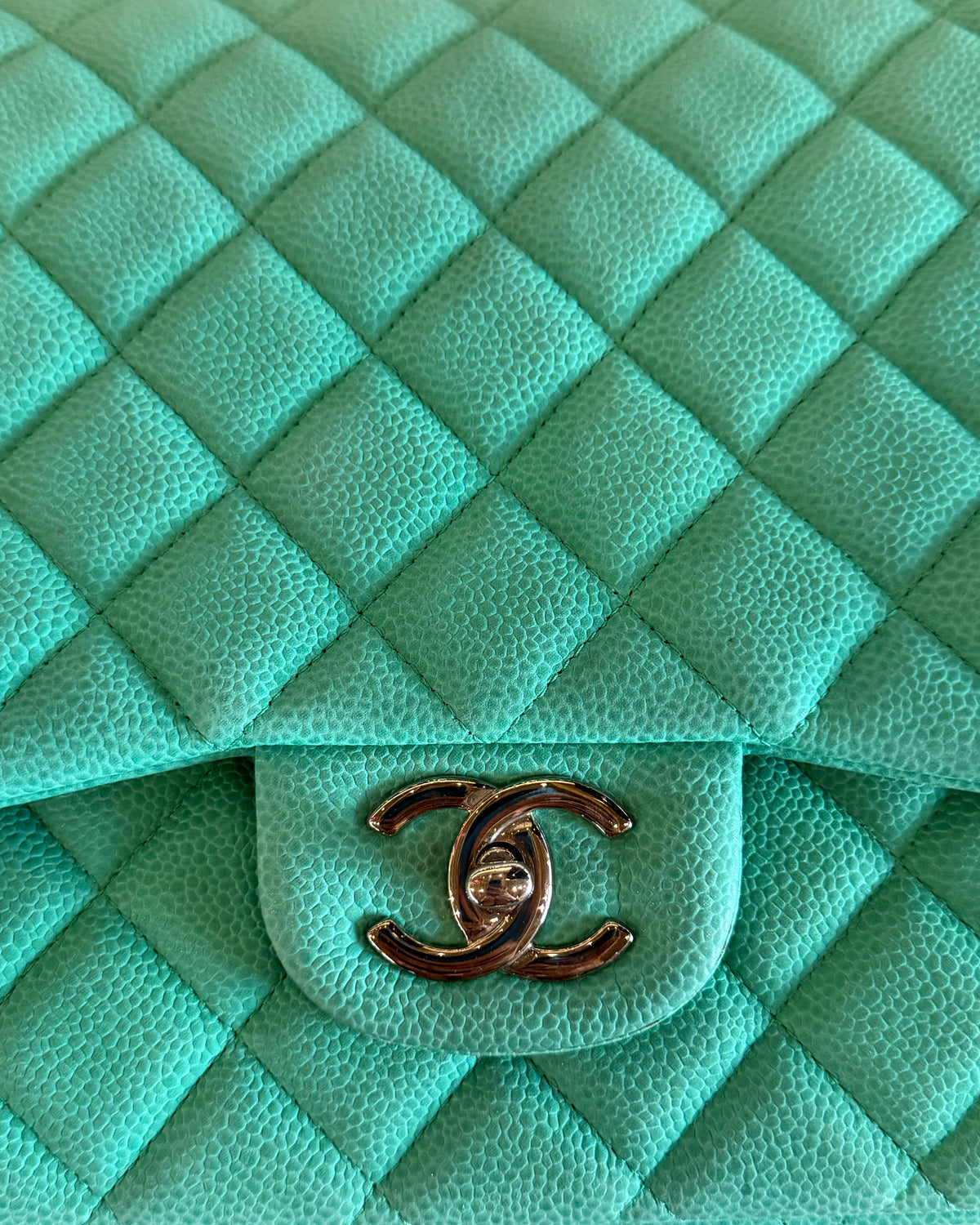 CHANEL 2014 TURQUOISE QUILTED CAVIAR MAXI DOUBLE FLAP