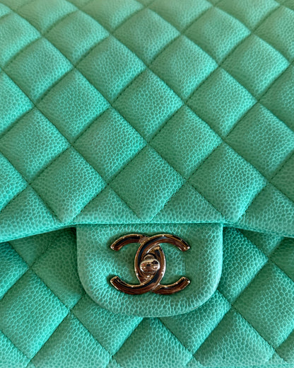 CHANEL 2014 TURQUOISE QUILTED CAVIAR MAXI DOUBLE FLAP