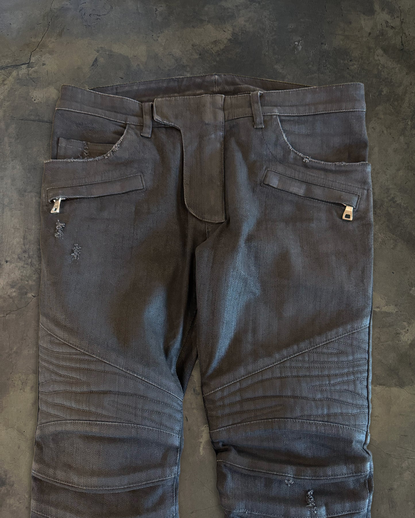 BALMAIN AW2015 BLACK WAXED COATED BIKER DENIM