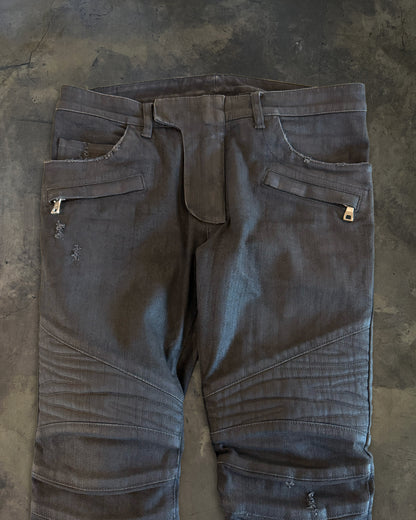 BALMAIN AW2015 BLACK WAXED COATED BIKER DENIM