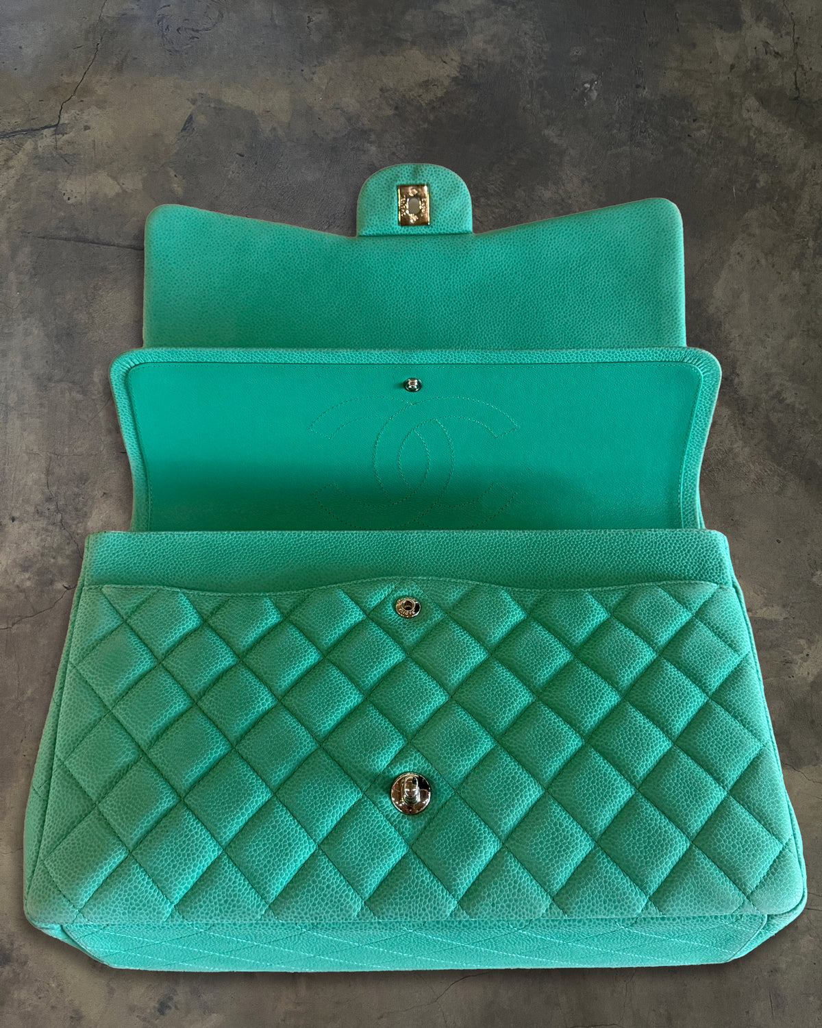 CHANEL 2014 TURQUOISE QUILTED CAVIAR MAXI DOUBLE FLAP