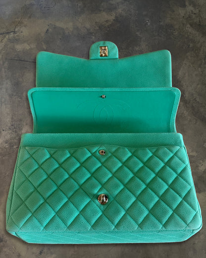CHANEL 2014 TURQUOISE QUILTED CAVIAR MAXI DOUBLE FLAP