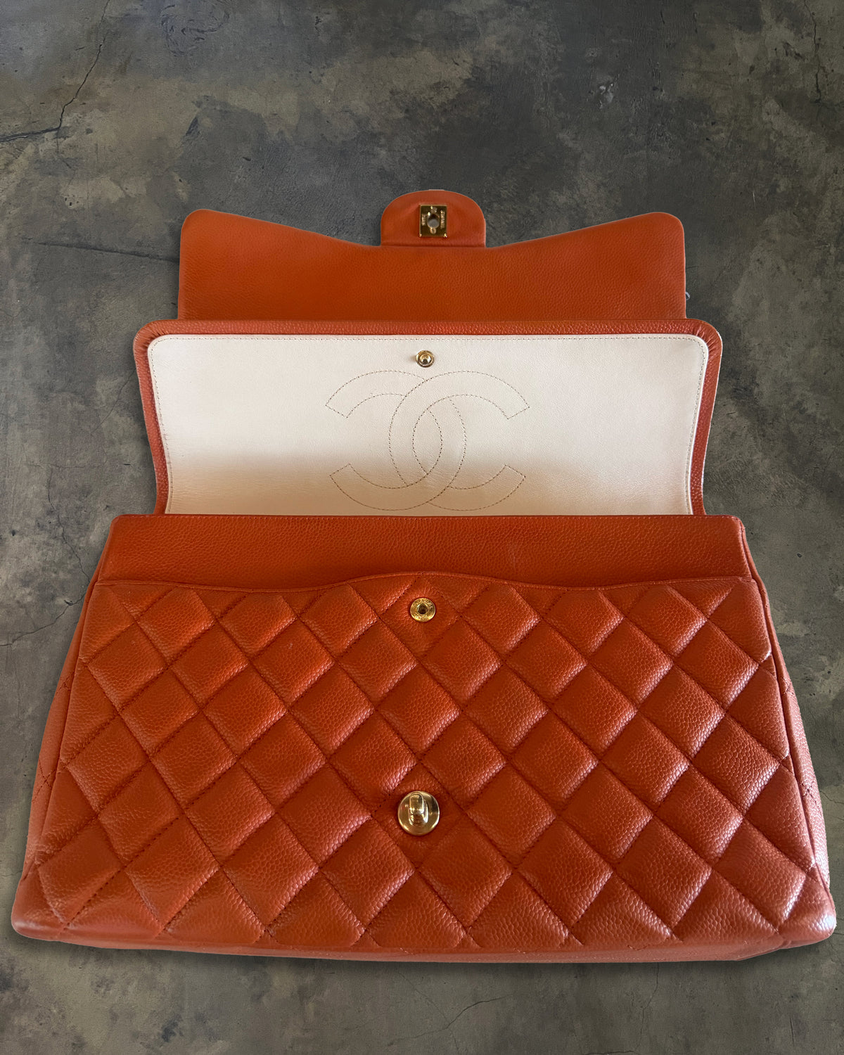 CHANEL 2012 PUMPKIN QUILTED CAVIAR MAXI DOUBLE FLAP