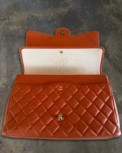 CHANEL 2012 PUMPKIN QUILTED CAVIAR MAXI DOUBLE FLAP
