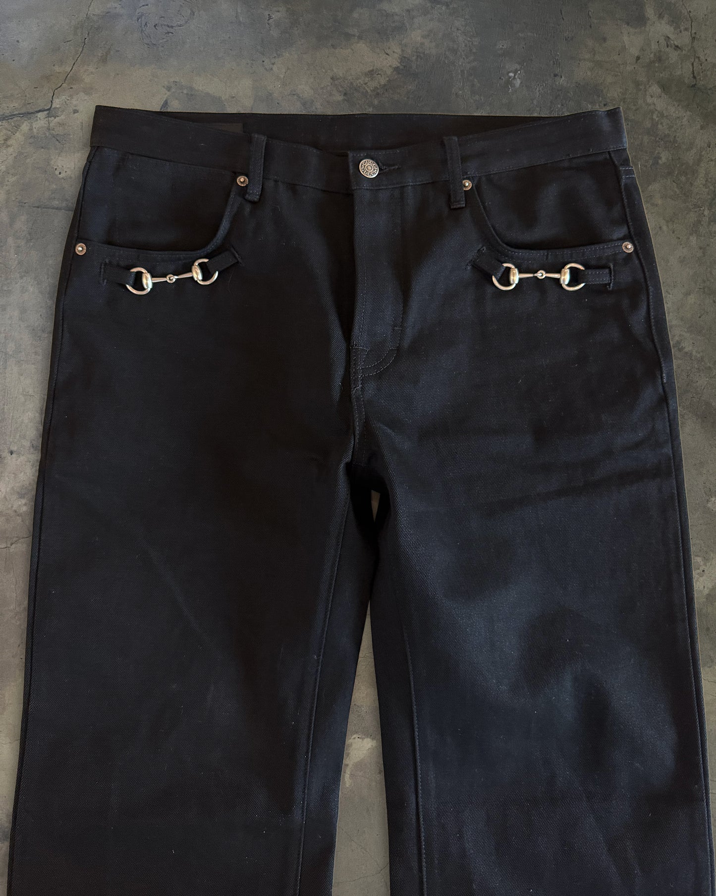 GUCCI AW2025 HORSE BIT EMBELLISHED BLACK DENIM