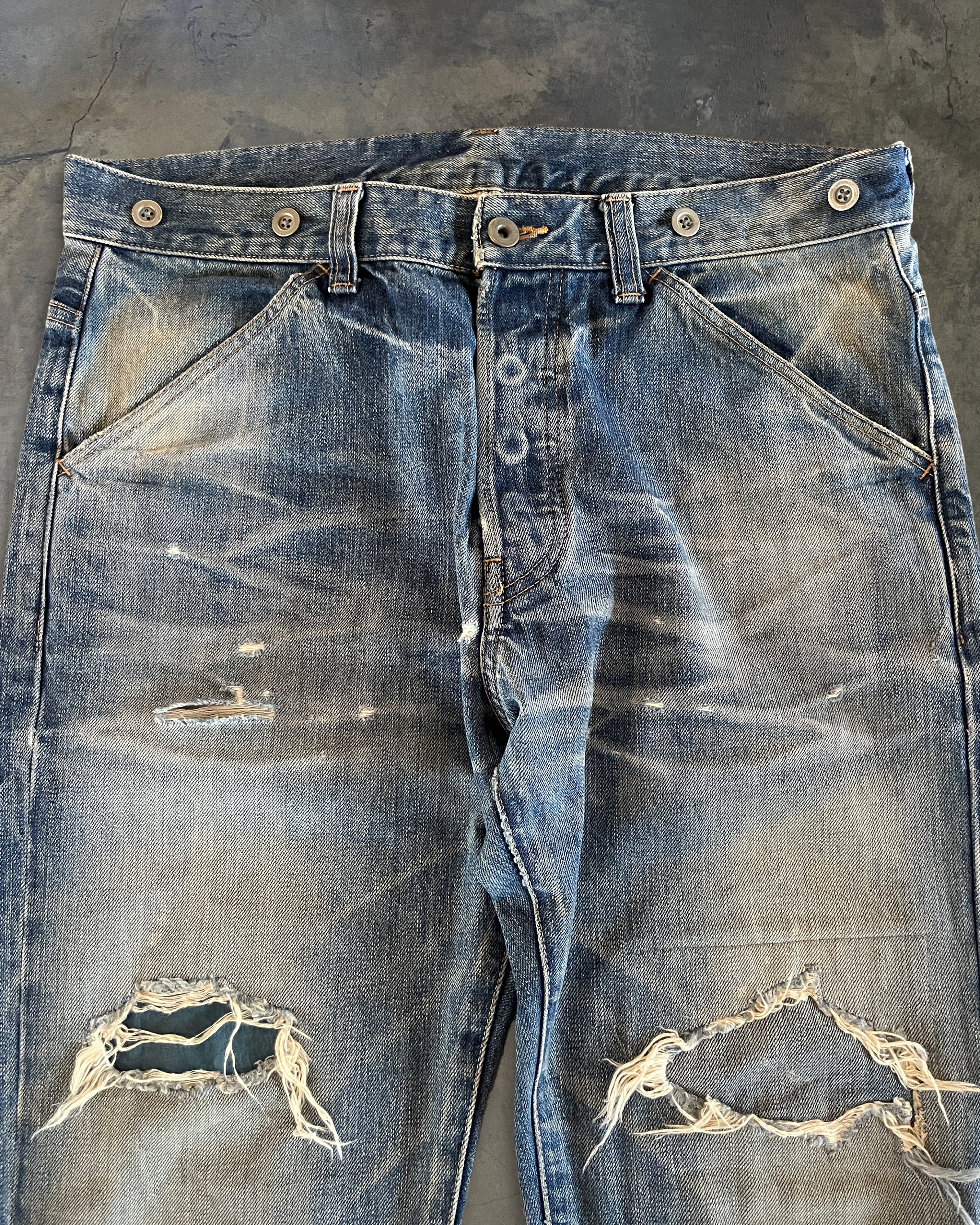 ISAMU KATAYAMA BACKLASH DISTRESSED PATCH REPAIR DENIM – glam archive