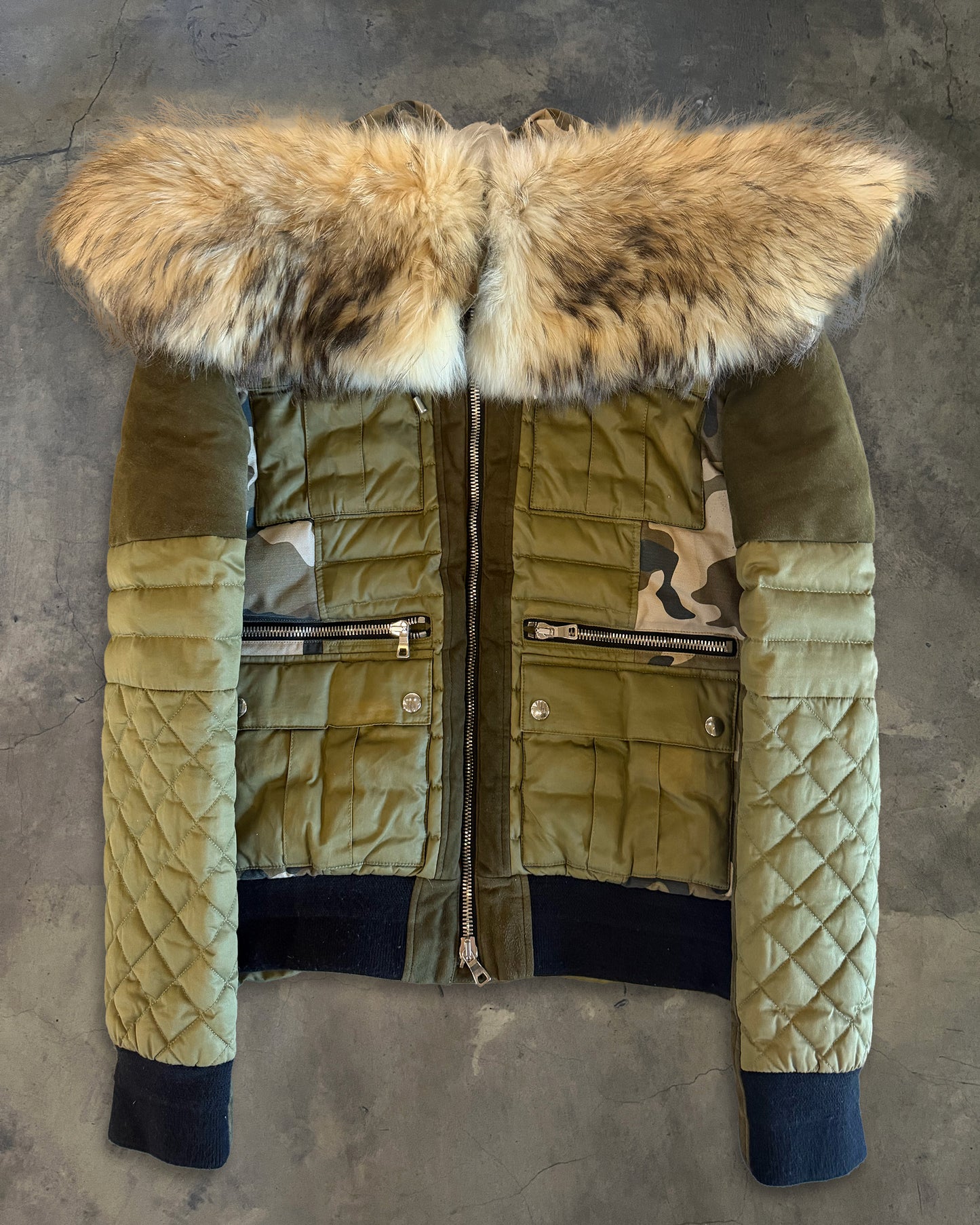 BALMAIN AW2014 FUR TRIM CAMO PRINT QUILTED JACKET