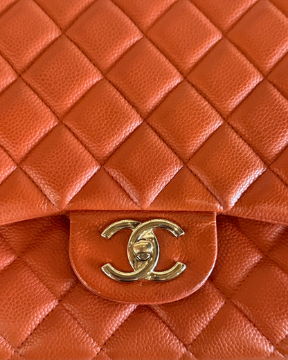 CHANEL 2012 PUMPKIN QUILTED CAVIAR MAXI DOUBLE FLAP