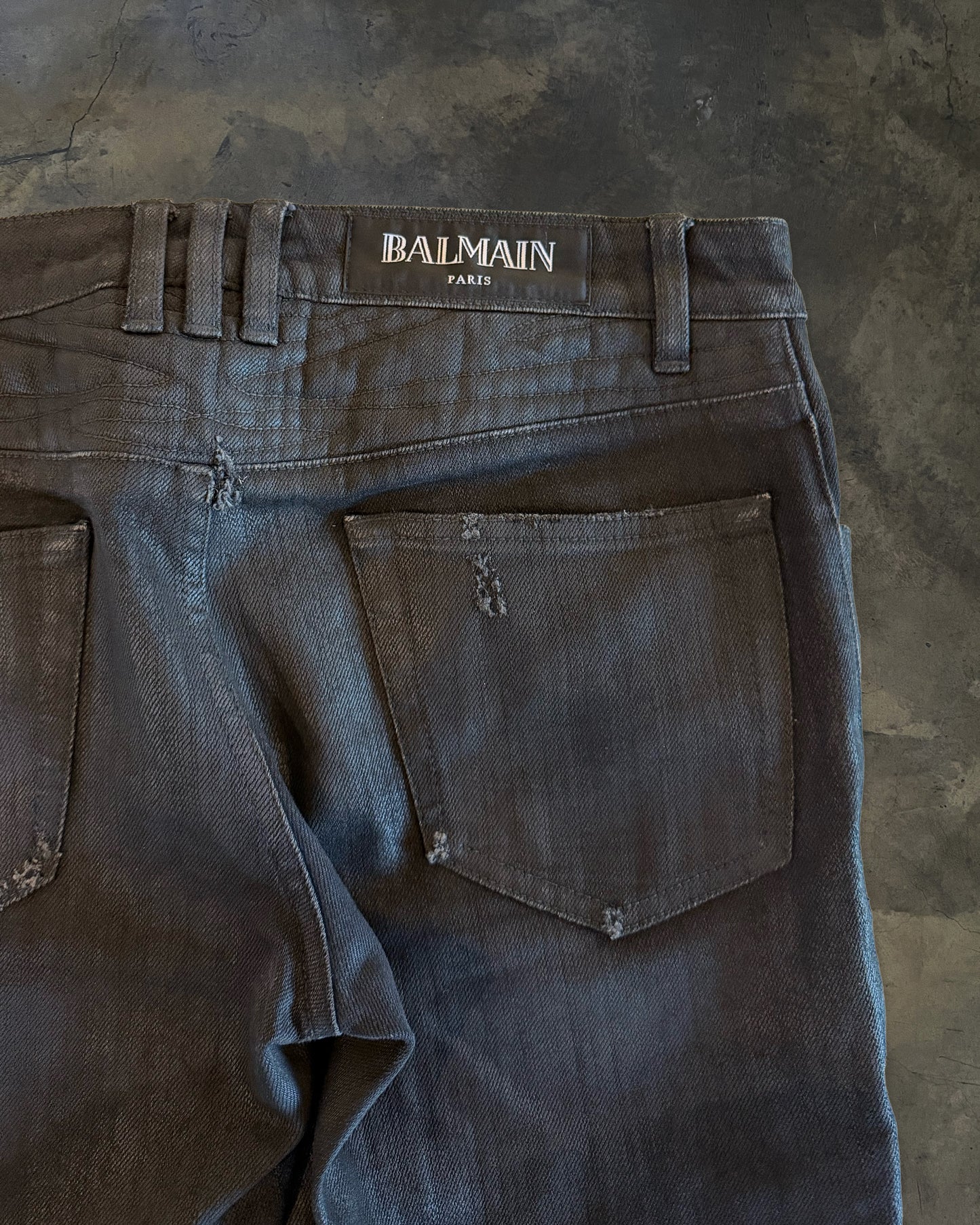 BALMAIN AW2015 BLACK WAXED COATED BIKER DENIM
