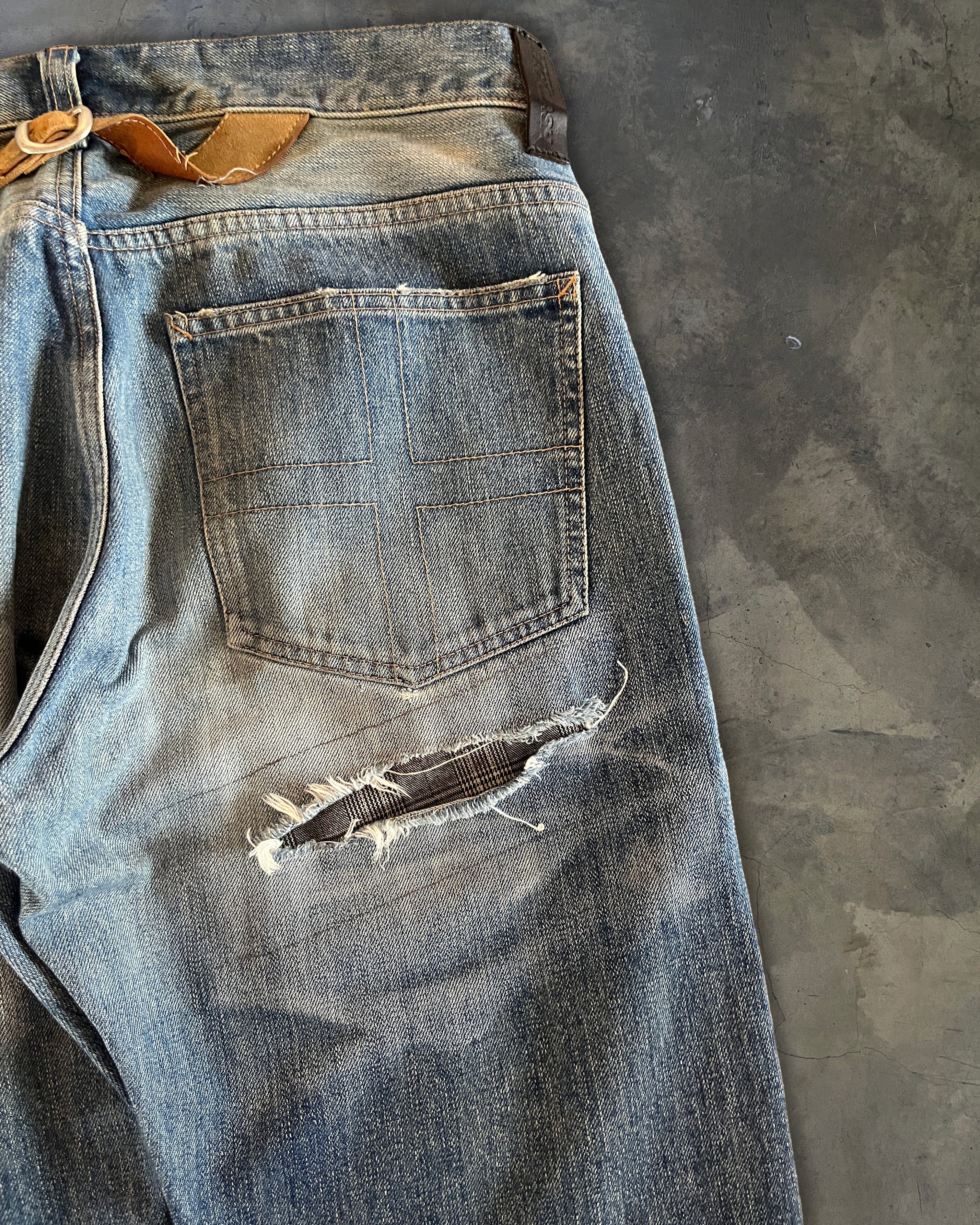ISAMU KATAYAMA BACKLASH DISTRESSED PATCH REPAIR DENIM – glam archive