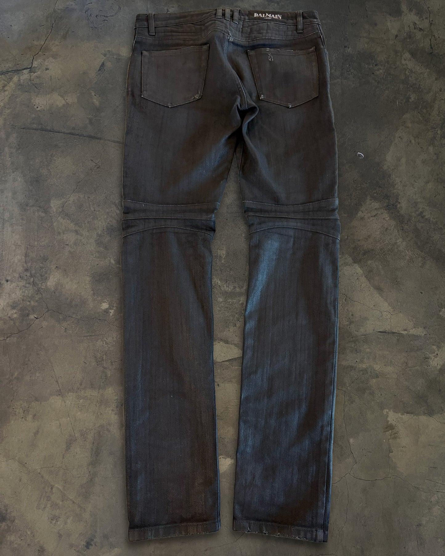 BALMAIN AW2015 BLACK WAXED COATED BIKER DENIM