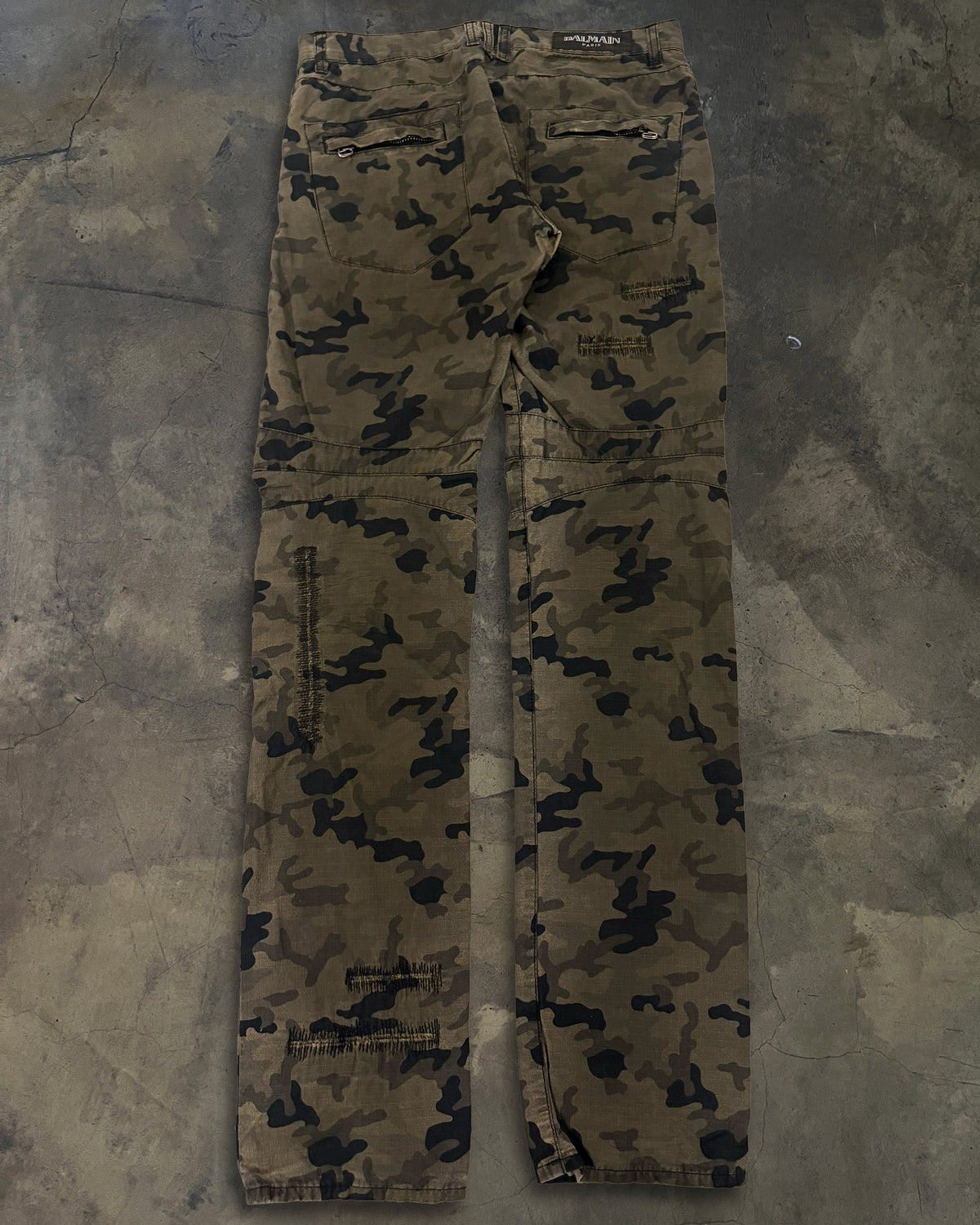 BALMAIN SS2010 DISTRESSED CAMO BIKER DENIM