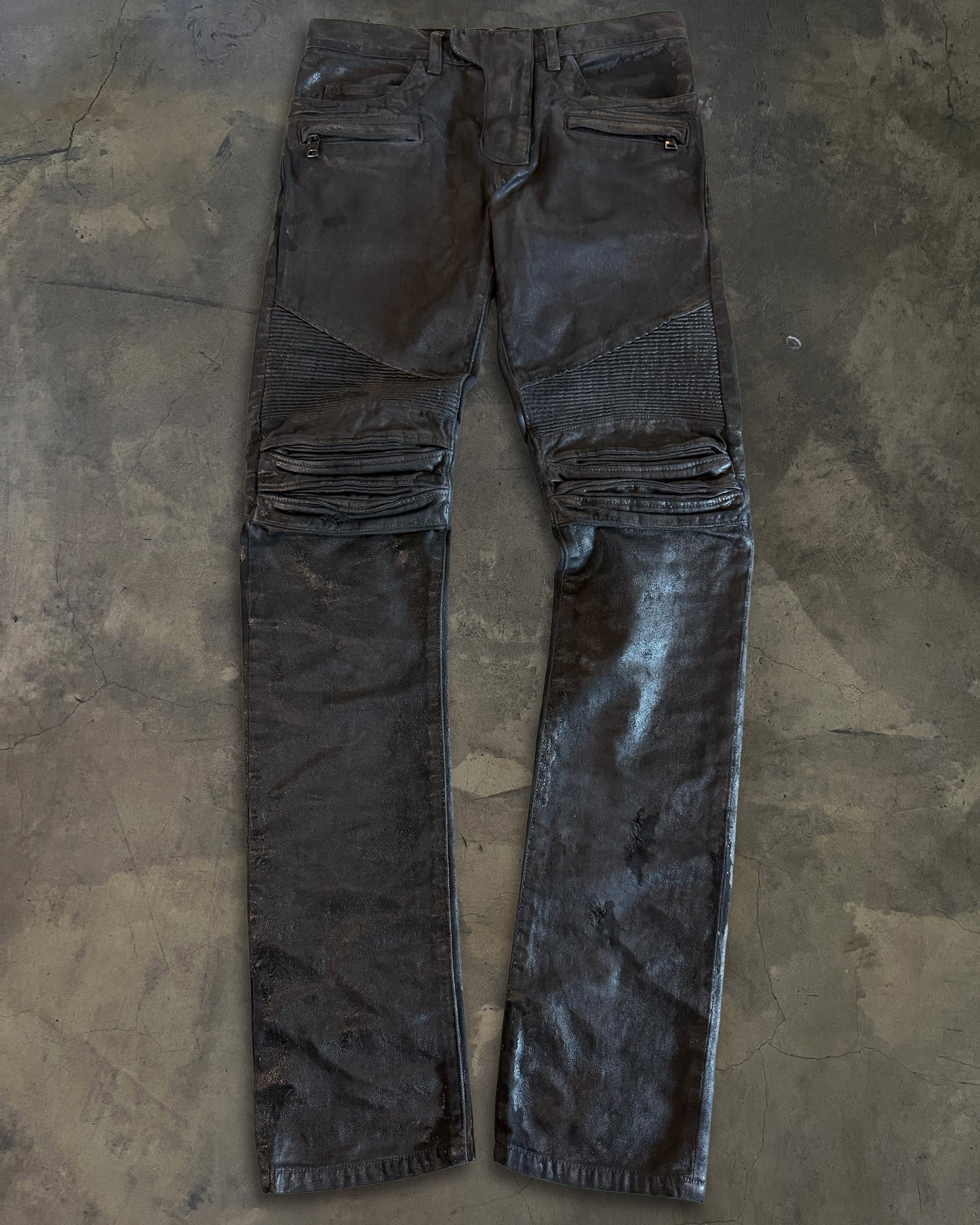 BALMAIN AW2015 BLACK WAXED COATED BIKER DENIM