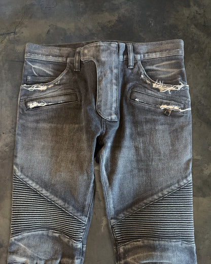 BALMAIN SS2014 REPARIED BLACK BIKER DENIM