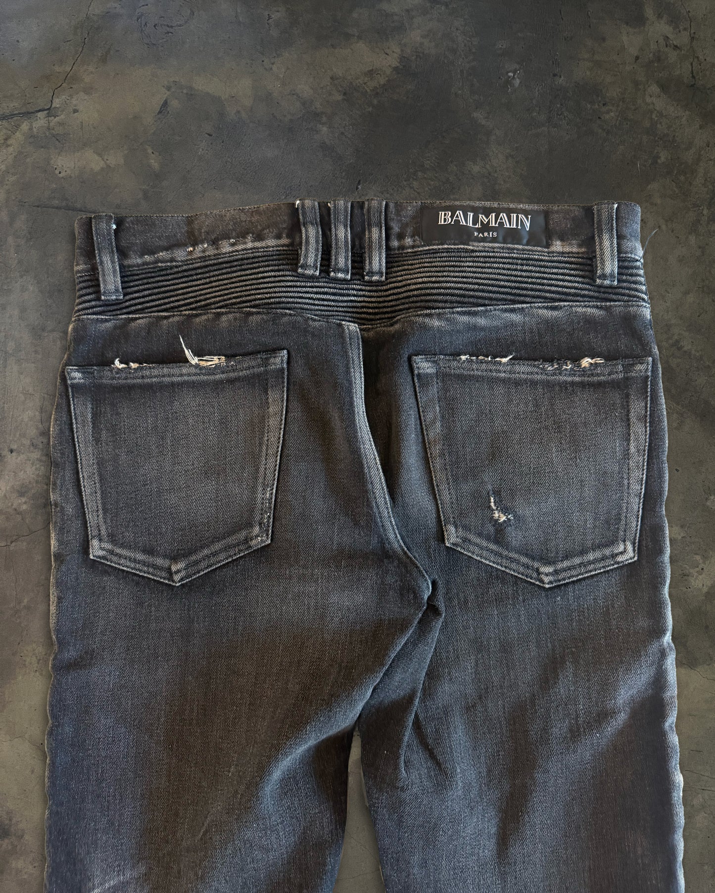 BALMAIN SS2014 REPARIED BLACK BIKER DENIM