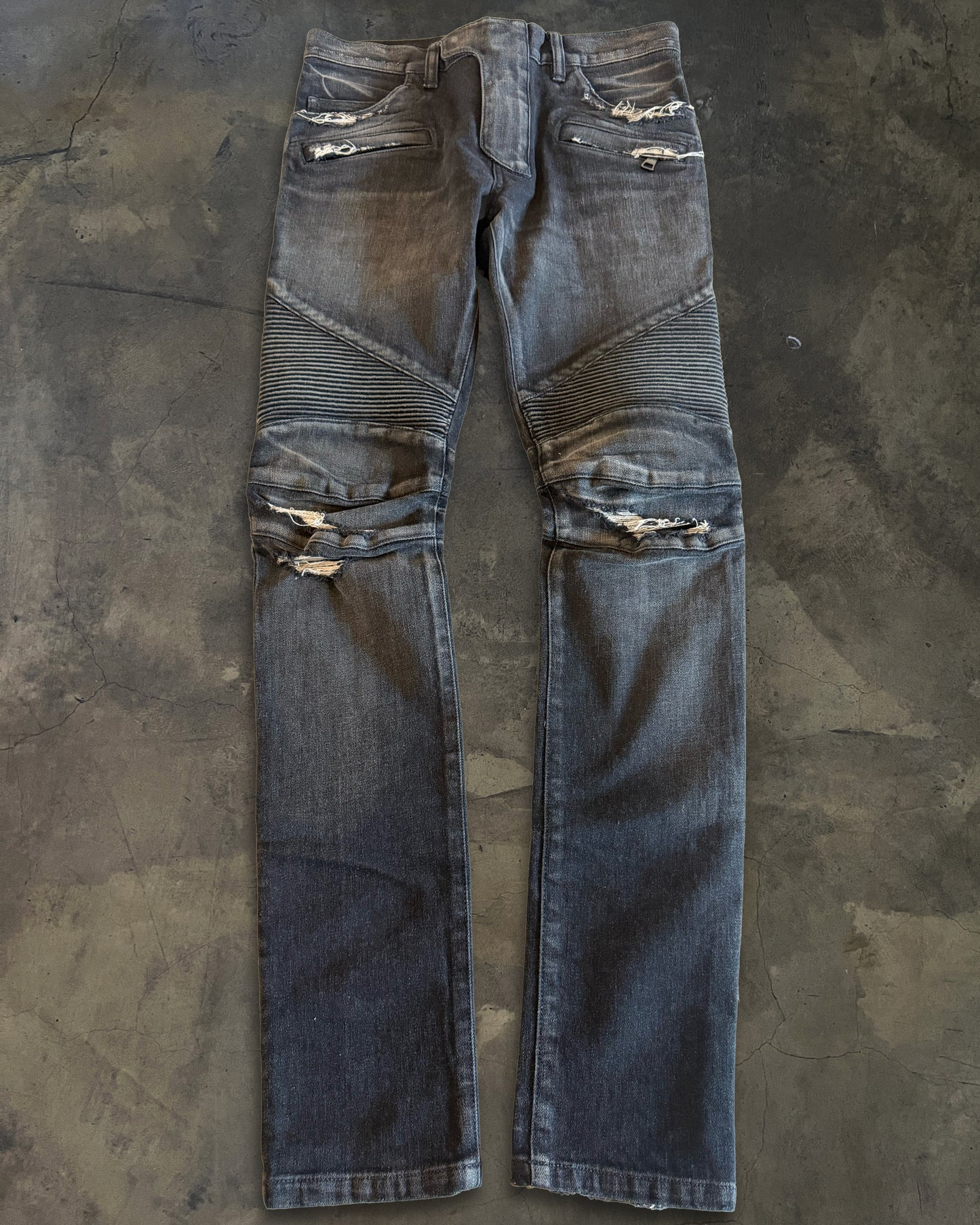 BALMAIN SS2014 REPARIED BLACK BIKER DENIM