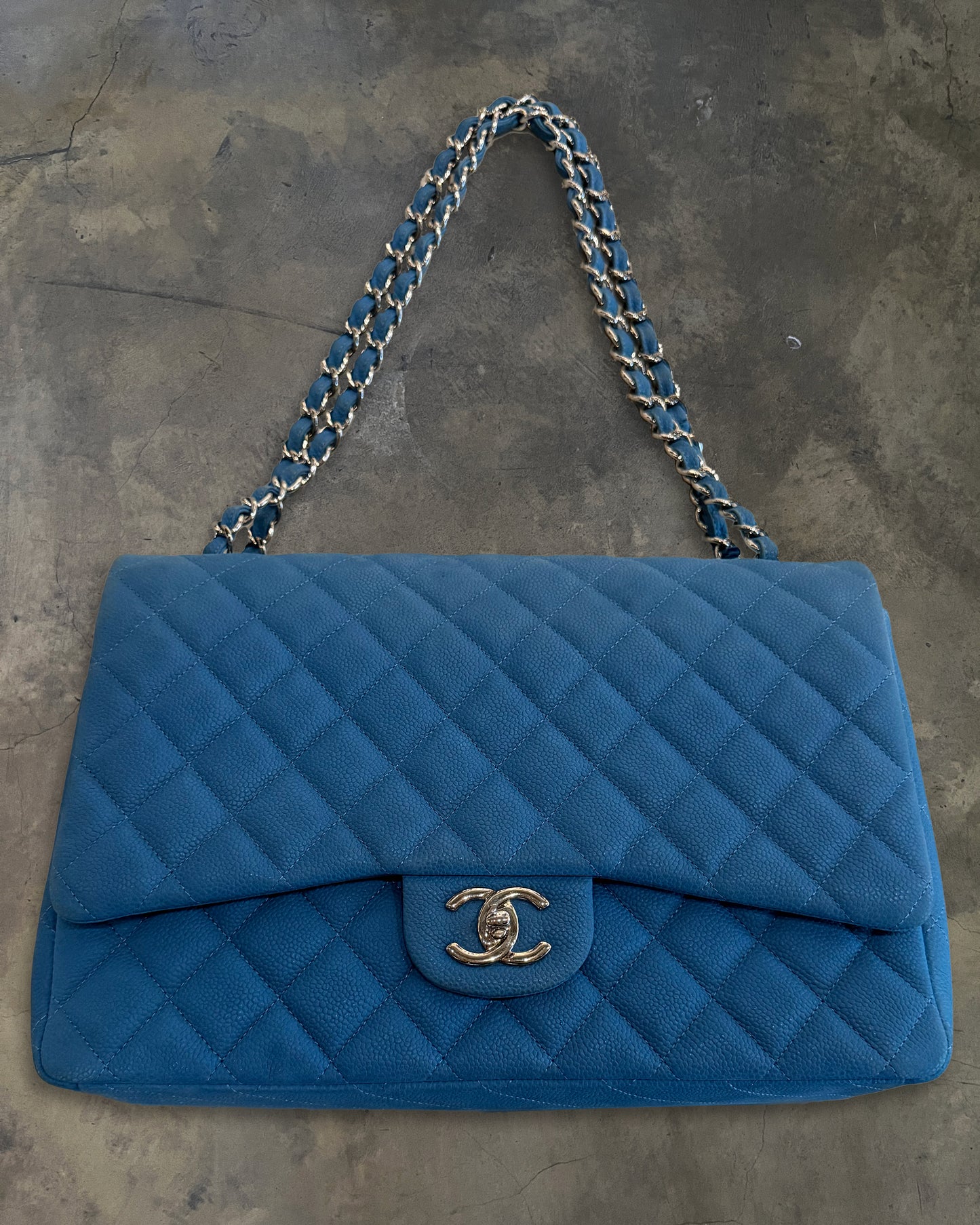 CHANEL 2013 BLUE CAVIAR MAXI DOUBLE FLAP BAG
