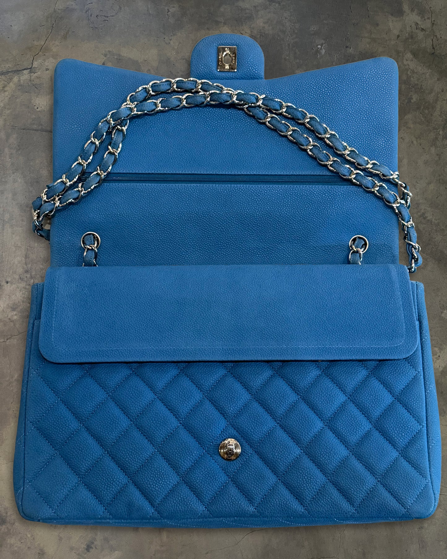 CHANEL 2013 BLUE CAVIAR MAXI DOUBLE FLAP BAG