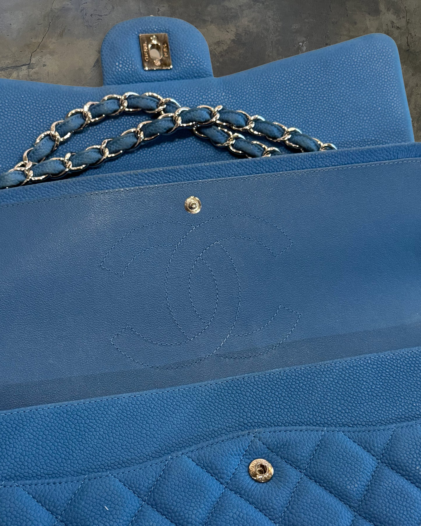 CHANEL 2013 BLUE CAVIAR MAXI DOUBLE FLAP BAG