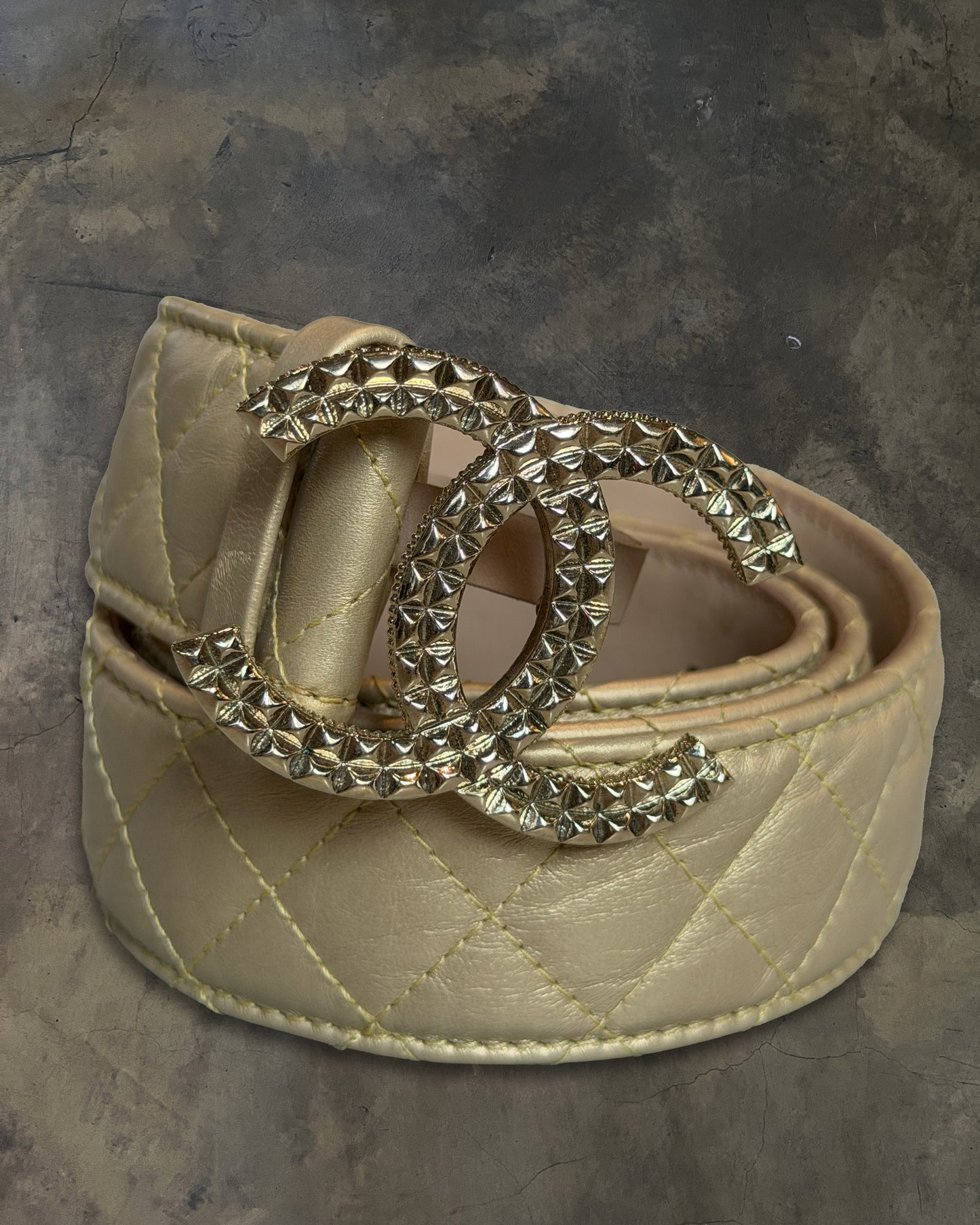 CHANEL GOLD QUILTED LAMBSKIN STUDDED CC BELT
