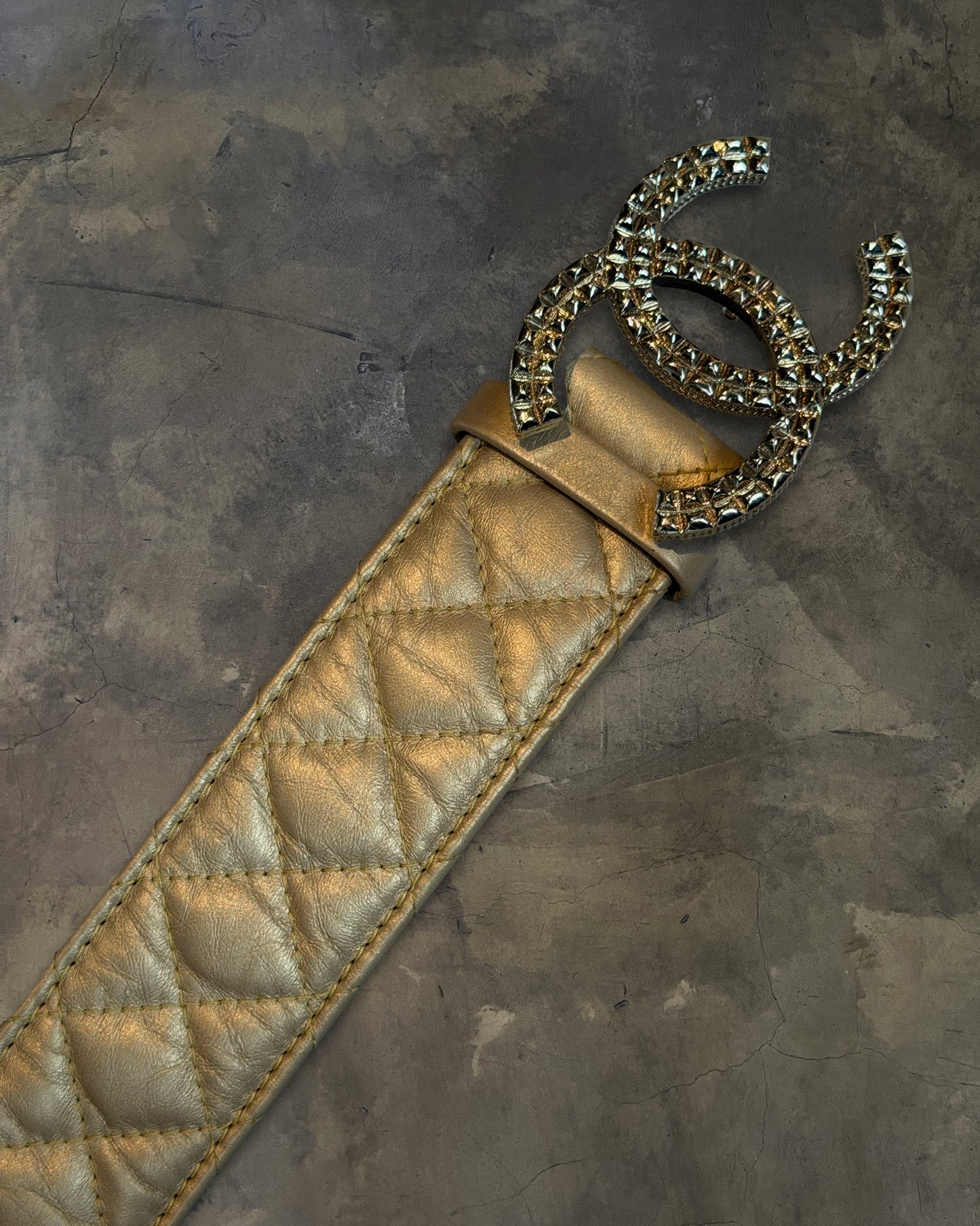 CHANEL GOLD QUILTED LAMBSKIN STUDDED CC BELT
