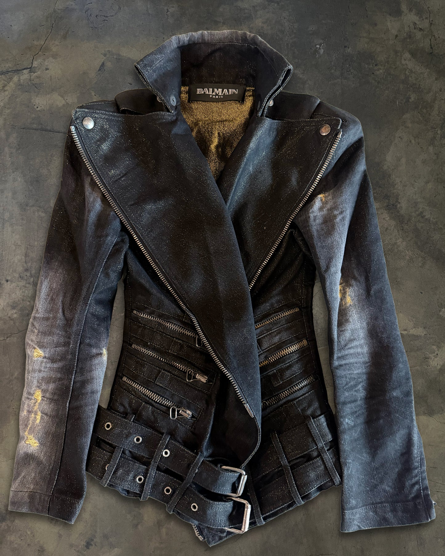 BALMAIN AW2011 DISTRESSED DENIM MULTI ZIPPER BIKER JACKET