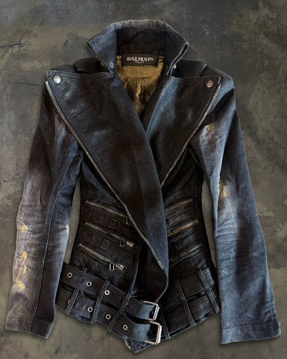 BALMAIN AW2011 DISTRESSED DENIM MULTI ZIPPER BIKER JACKET