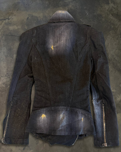 BALMAIN AW2011 DISTRESSED DENIM MULTI ZIPPER BIKER JACKET