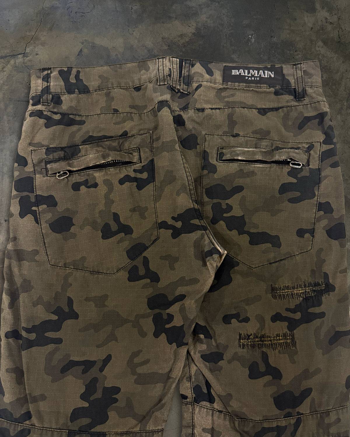 BALMAIN SS2010 DISTRESSED CAMO BIKER DENIM