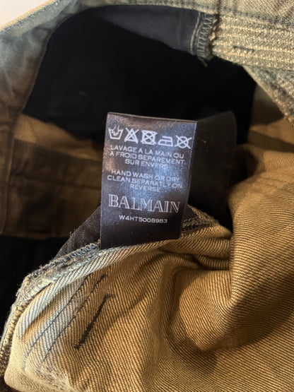 BALMAIN DISTRESSED OLIVE BIKER DENIM