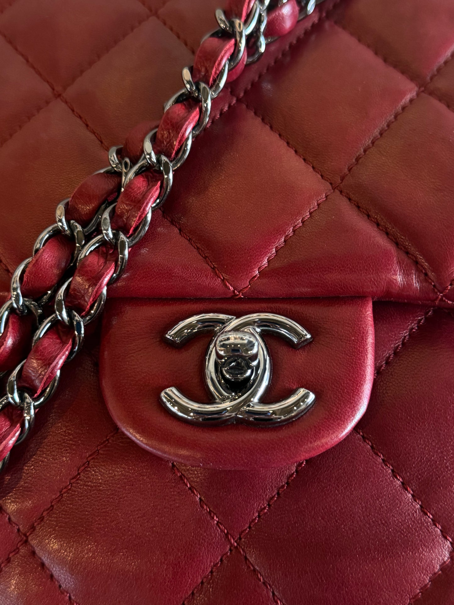 CHANEL 2011 RED MAXI QUILTED LAMBSKIN 3 ACCORDIAN FLAP