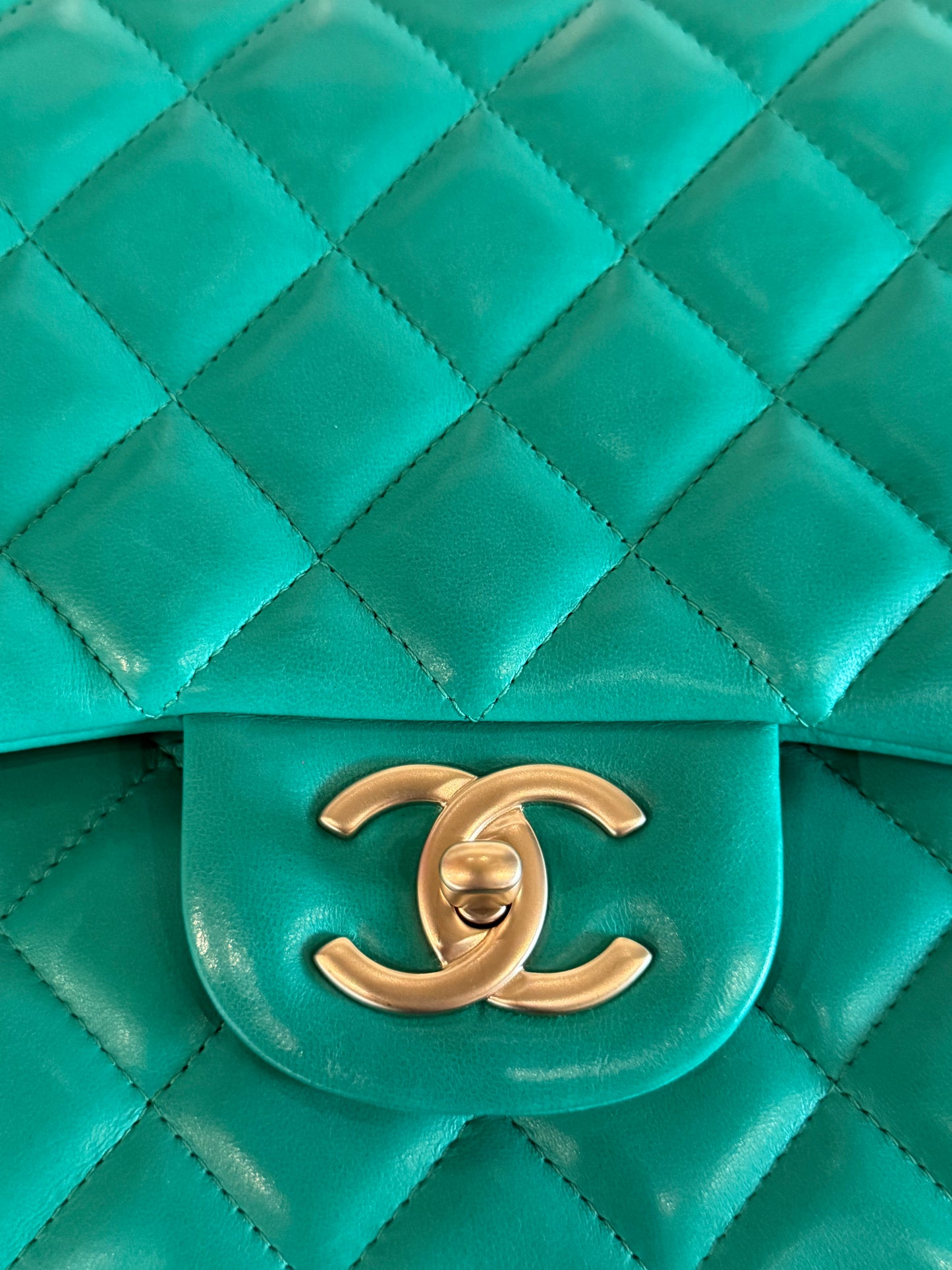CHANEL 2012 MENTHE QUILTED MAXI LAMBSKIN DOUBLE FLAP
