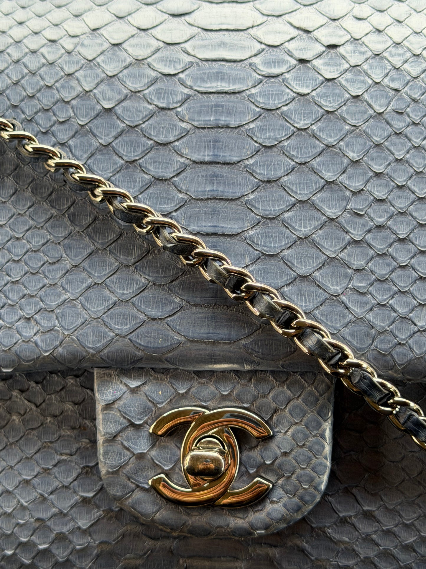 CHANEL 2012 BLUE PYTHON CLASSIC FLAP CLUTCH WITH CHAIN