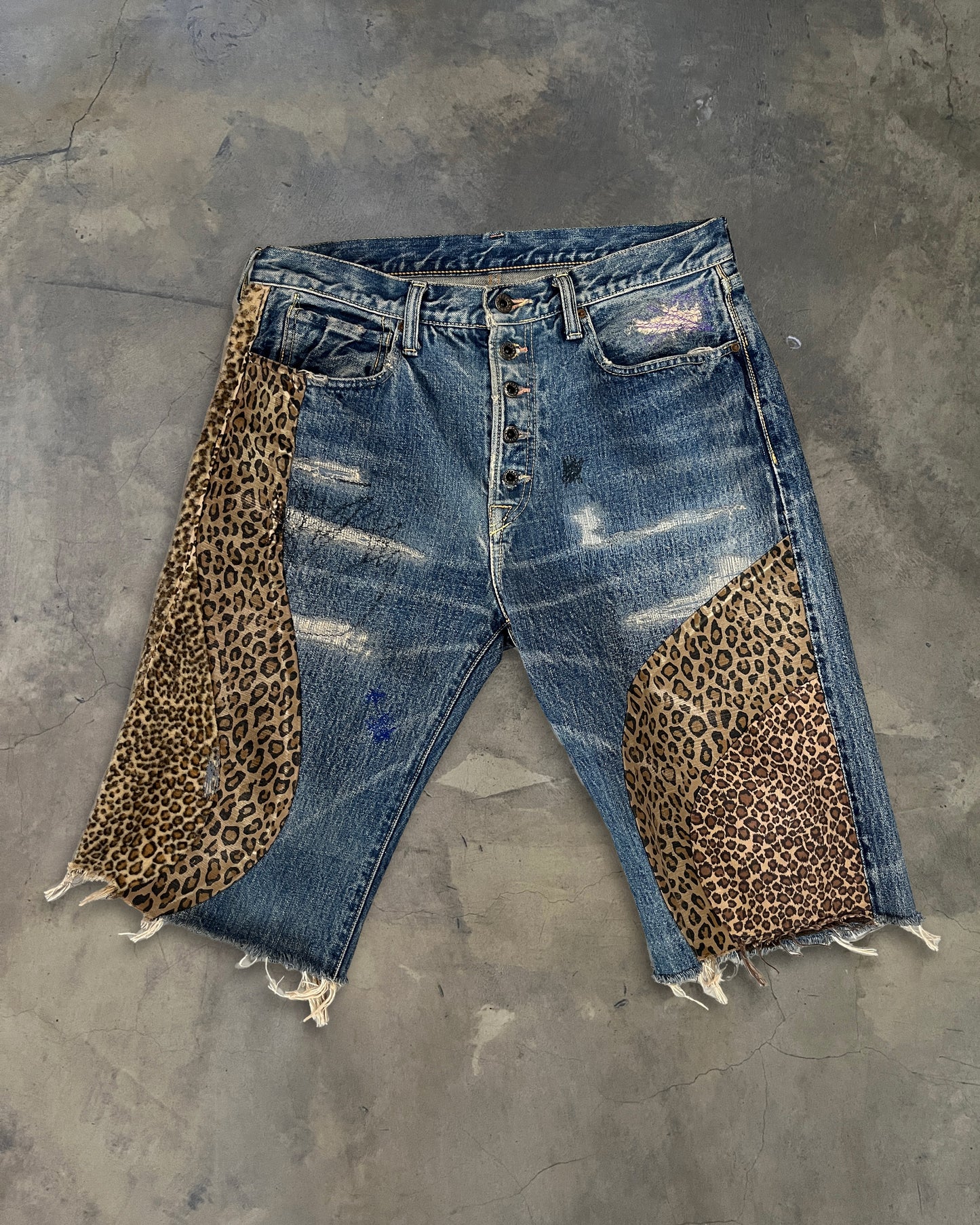 KAPITAL KOUNTRY BORO CHEETAH PATCHWORK DENIM SHORTS