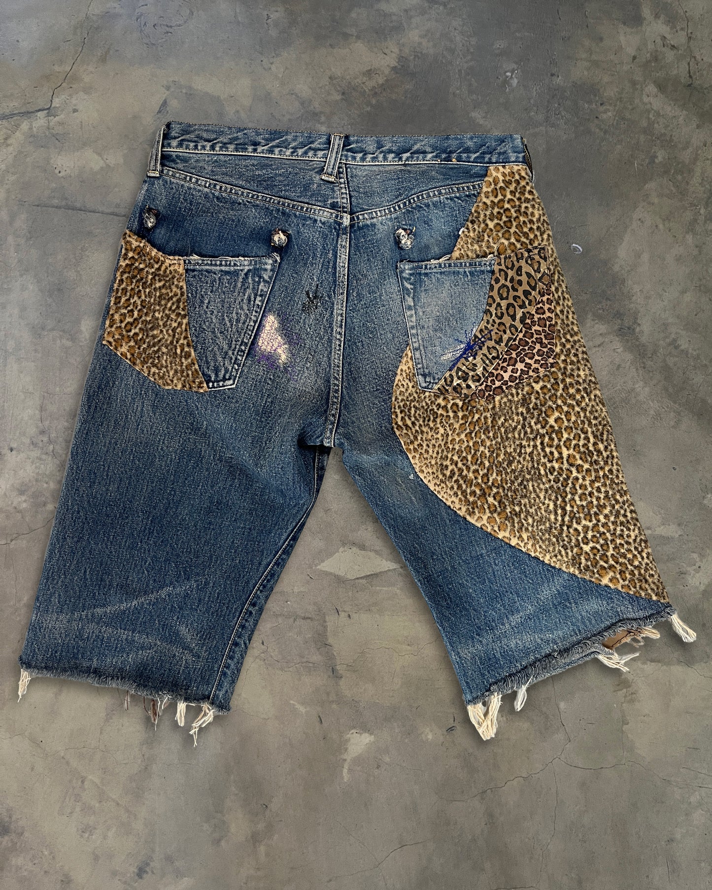 KAPITAL KOUNTRY BORO CHEETAH PATCHWORK DENIM SHORTS