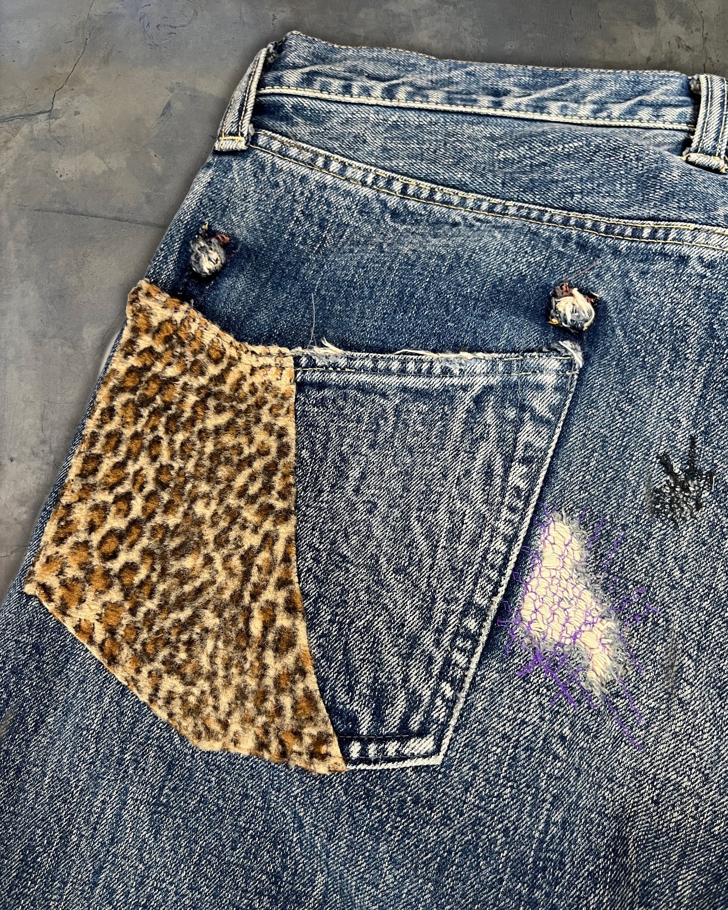 KAPITAL KOUNTRY BORO CHEETAH PATCHWORK DENIM SHORTS