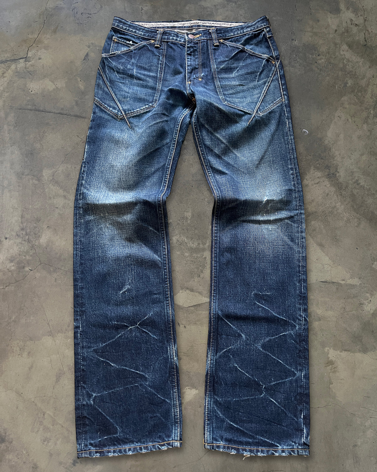 NUMBER NINE SS2007 “ABOUT A BOY” HONEYCOMB PAIN DENIM JEANS – glam 