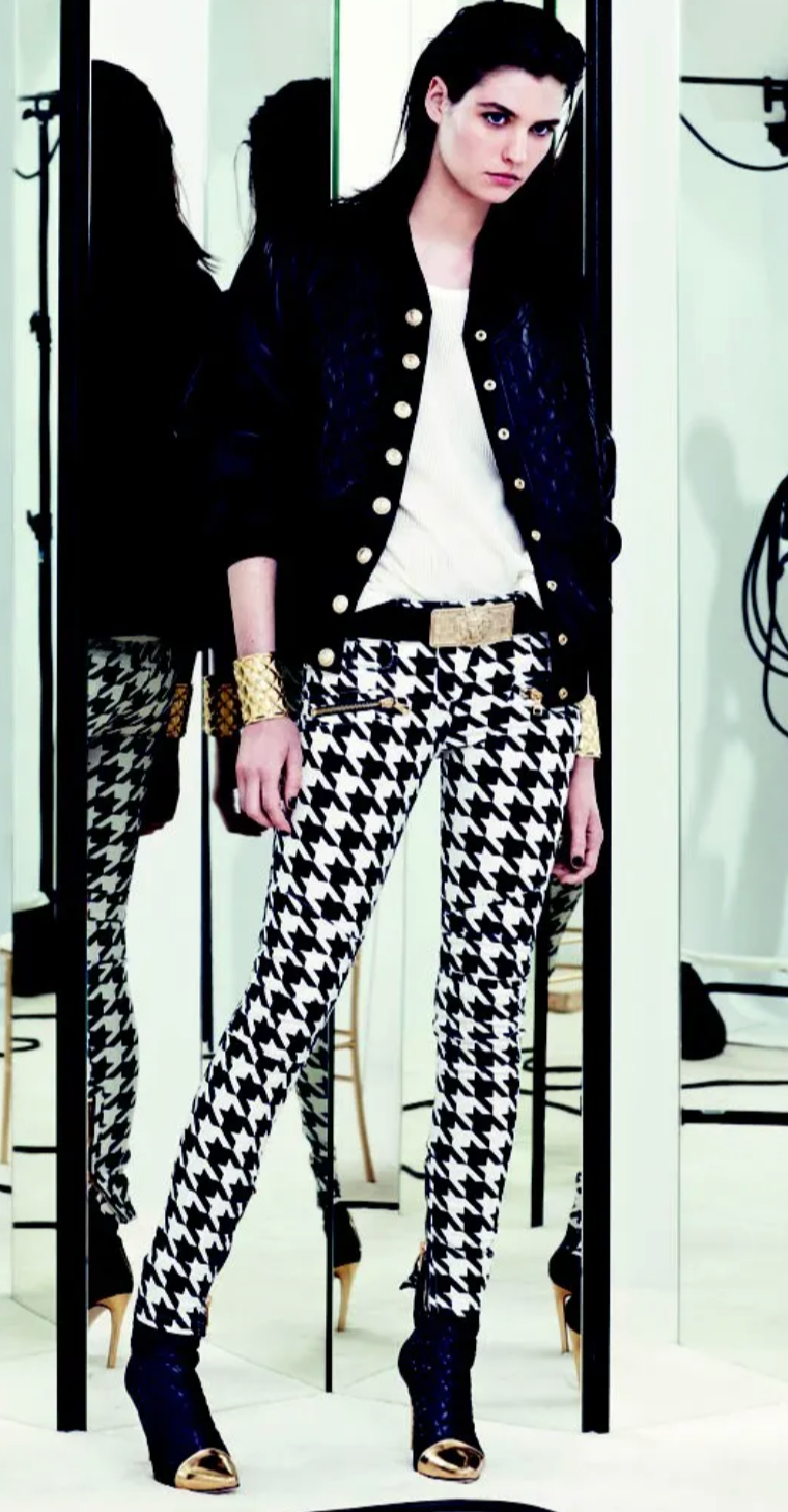 BALMAIN RESORT 2014 WAXED HOUNDSTOOTH BIKER DENIM