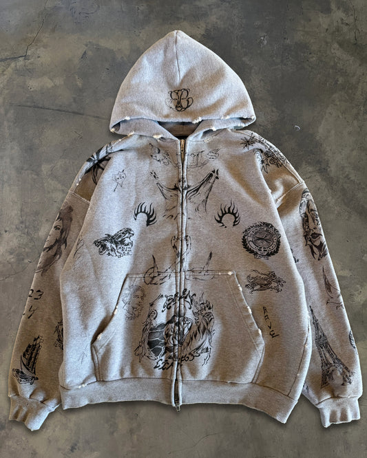 BALENCIAGA SS2024 TATTOO GREY ZIP UP HOODIE