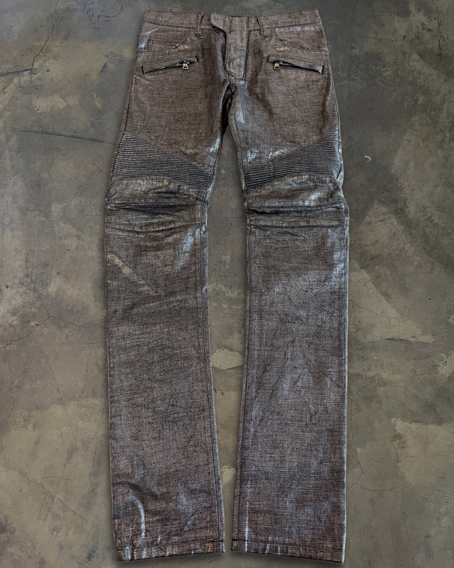 BALMAIN AW2014 METALLIC SILVER COATED JEANS