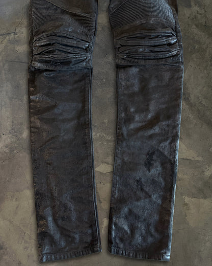 BALMAIN AW2015 BLACK WAXED COATED BIKER DENIM